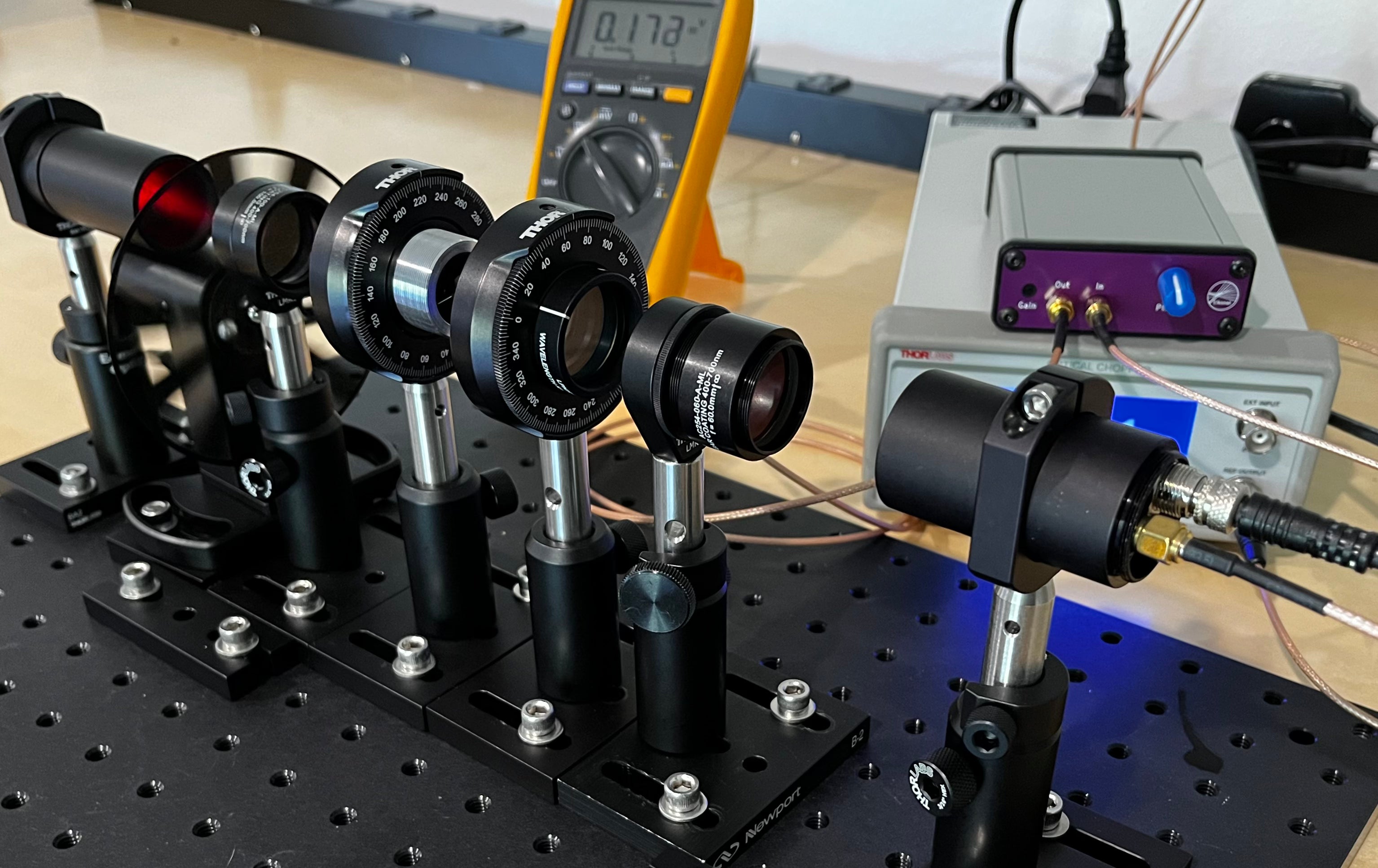 Extinction ratio measurement using an LED point source (LED-01), chopper wheel, crossed polarizers, photodetector (TIA-F-01) and a lock-in amplifier (SA-01).